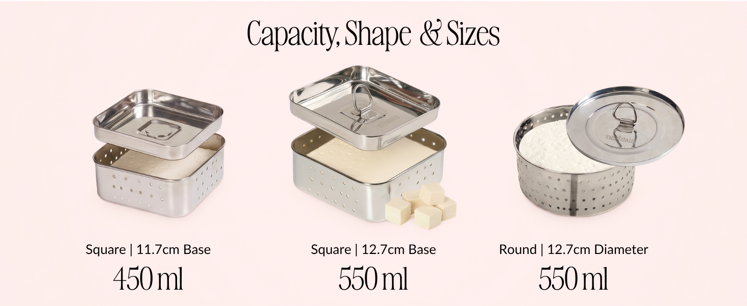 Nestasia Large Stainless Steel Paneer Maker (550 ml) - Square Paneer Maker Mould Press with Lid | Rust Resistant Medium Paneer Strainer - Perfect for Fresh Paneer, Tofu & Sprouts