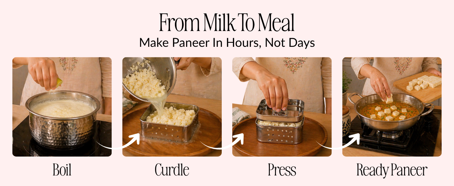 Nestasia Large Stainless Steel Paneer Maker (550 ml) - Square Paneer Maker Mould Press with Lid | Rust Resistant Medium Paneer Strainer - Perfect for Fresh Paneer, Tofu & Sprouts