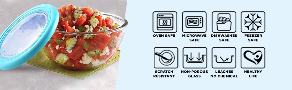 CELLO Ornella Round Glass Mixing Bowls for Kitchen with Lid Set of 2 Pieces, 500ml Transparent | Freezer & Fridge Safe, Microwave Oven & Dishwasher Safe Toughened Glass Bowl for Serving Mixing Dining