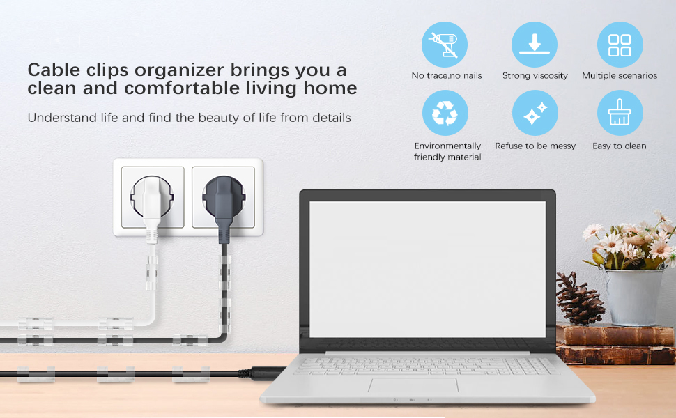 Cable Clips with Strong Self-Adhesive Clear Wire Holders for Wall Durable Plastic Cord Management Organiser Clamps (20 pcs)