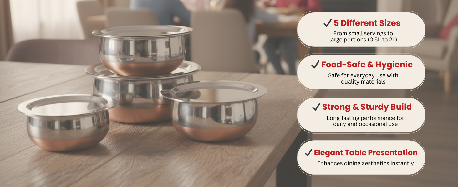 LIMETRO STEEL Stainless Steel Copper Coated Serving Set/Handi Set of 5 with Lids - (0.5 L, 0.75 L, 1 L, 1.5 L & 2 L)