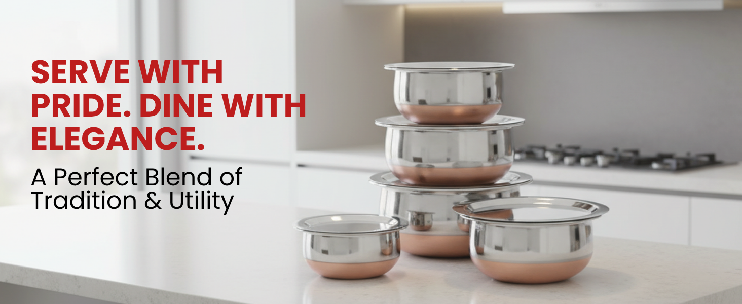 LIMETRO STEEL Stainless Steel Copper Coated Serving Set/Handi Set of 5 with Lids - (0.5 L, 0.75 L, 1 L, 1.5 L & 2 L)