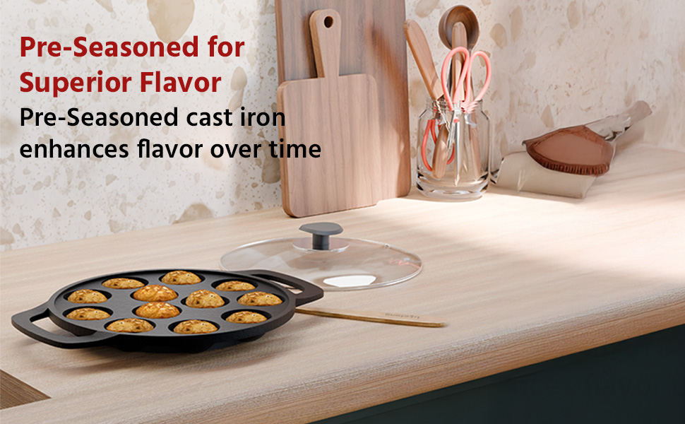 Lifelong Cast Iron Paniyaram Pan with Glass Lid, 210mm Diameter, Black, Non-Stick & Teflon Free, Induction and Gas Stove Compatible