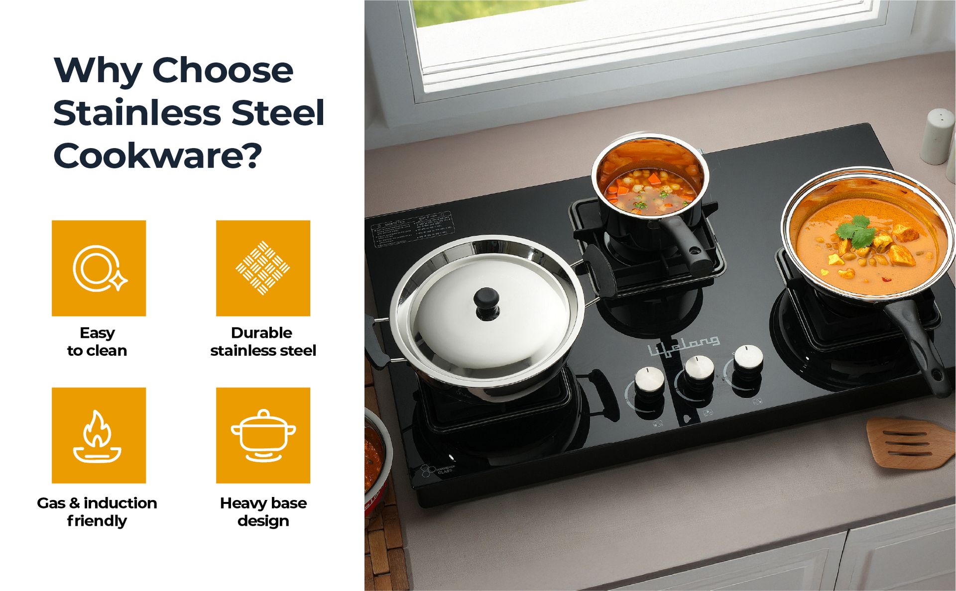 Lifelong 4 Pc Stainless Steel Cookware Set | 2.2L Kadhai with Lid 22cm | 1.4L Fry Pan 22cm | 1.2L Saucepan 14cm |1.4L Tope 16cm | Comes with Common Lid | Induction & Gas Compatible |Bakelite Handles