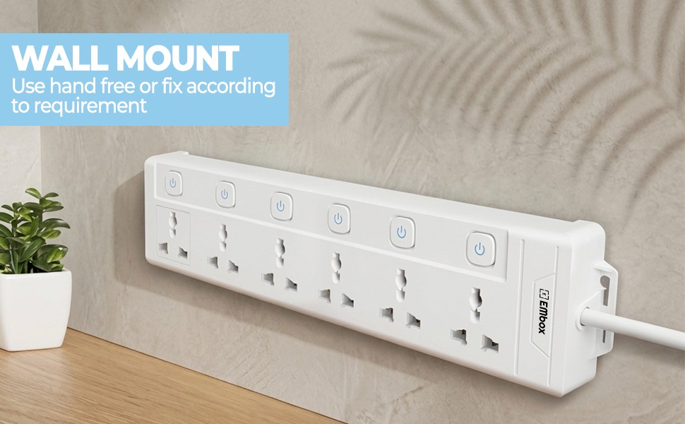 EMBOX Extension Board with Switches 2500W, 6 Universal Sockets, Individual Switch, Safety Shutter Spike Guard, LED Indicator, 2 Meter Extension Cord