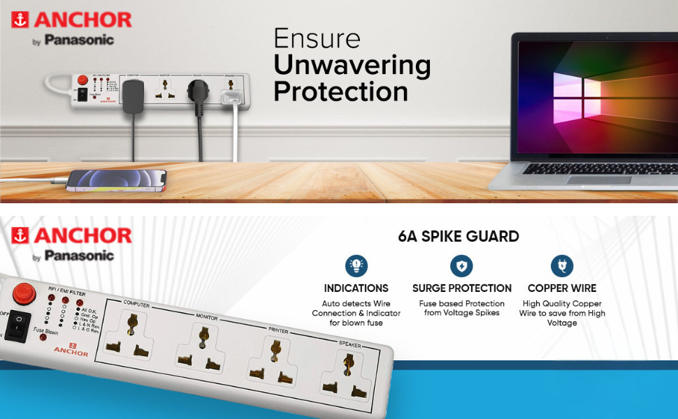 Anchor by Panasonic Spike Guard- 4 Universal Socket with Single Switch - 4 Mtr (22048)