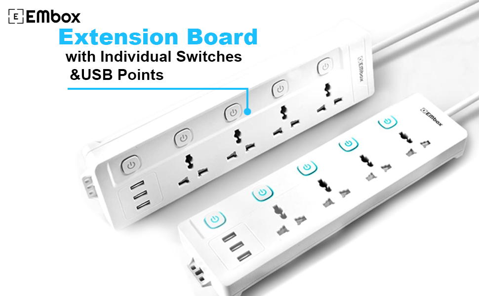 EMBOX Extension Board with USB (2.4 A)| Extension Board with Switches Spike Guard | Universal Sockets, LED Indicator 2500W, 2 Meter Extension Cord