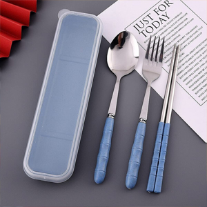 INOVERA (LABEL) 3 Pieces Cutlery Set of Spoon, Fork, Chopsticks - Reusable Tableware Cutleries with Case - Dining Accessories Sets for Travel, Office, Home (Blue)