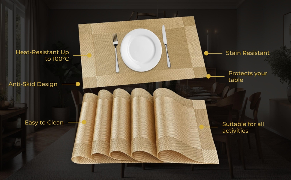 P-Plus International Placemats Set of 6 Dining Table Place Mats | Placemats Table Mat PVC Material | Non-Slip Heat Resistant | Dining Tablemates Washable Anti-Skid | Size 45 x 30cm (Gold) Vinyl