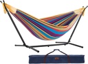 Vivere Double Cotton Hammock with Space Saving Steel Stand, Upgraded Polyester End Strings 450 lb Capacity - Premium Carry Bag Included - (Tropical)