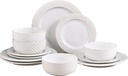 Ceramic Dinnerware Set for 4, 12-Piece Stoneware Plates and Bowls Set, Microwave & Dishwasher Safe, Lead-Free Scratch Resistant, Striped Dinner Plates & Soup Bowls (White)