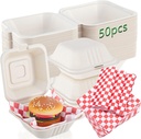 50 Set 6x6 Compostable Clamshell Takeout Food Containers Disposable Square Small Lunch Boxes with 7x7 Red and White Checkered Deli Paper Sheet Grease Resistant Wax Paper Sheet for Food