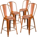 Flash Furniture Blake Commercial Grade 4 Pack 24" High Distressed Orange Metal Indoor-Outdoor Counter Height Stool with Back