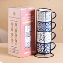 Nestasia Stackable Ceramic Cups Set of 4 (240 ml Each) | Printed Tea & Coffee Mugs with Glossy Finish - Microwave & Dishwasher Safe | Ideal for Daily Use & Gifting (Floral Blue)