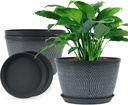 Quarut 10 Inch Flower Pots Planters for Outdoor Indoor, 3 Pack Plastic Plant Pots with Drainage Hole & Tray, Modern Decorative Garden Pot with Saucer, planters for House (Gray)