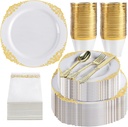350PCS Disposable Plastic Dinnerware Set for 50 Guests, White and Gold Trim Fancy Plates and Golden Cutlery, Include 50Sets Dinner Dessert Plates Forks Spoons Knives Cups Napkins for Party (WhiteGold)