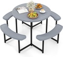 Tangkula 8 Person Picnic Table, HDPE Outdoor Round Table and Bench Set with 4 Built-in Benches, Umbrella Hole, Metal Frame for Garden Yard Patio Lawn