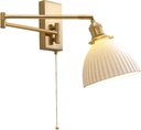 1-Light Bathroom Wall Sconce Modern Farmhouse Gold Swing Arm Wall Sconce Milk Glass Wall Lamp with Pull Chain Single Brushed Brass Wall Mount Light Hardwired Wall Light Fixtures MWL14D-1