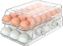 Egg Holder for Fridge, Foldable Automatic Rolling Egg Container for Refrigerator, Stackable Large-Capacity Egg Organizer Tray, Durable Clear Plastic Dispenser (3 dozens)