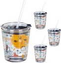 Relaxdays Glass Cups with Lid & Straw, Set of 4, Sport Design, 350 ml each, Kids Drinking Glasses, Tumblers, Transparent
