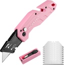 WORKPRO Folding Utility Knife, Quick Change Box Cutter, Pink Razor Knife for Cartons, Cardboard, Boxes, 10 Extra Blades Included - Pink Ribbon