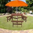 SSLine 6-Person Solid Wood Picnic Table Outdoor Round Picnic Table and Bench Set with Umbrella Hole Outside Wooden Table and Chairs Set for Patio Backyard Garden Lawn (Dark Brown)