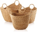 Casafield Set of 3 Multipurpose Boat Baskets with Handles - Natural, Woven Water Hyacinth Storage Organizers for Throw Blankets, Bedroom, Living Room, Laundry