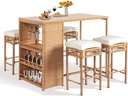 Outvita 5-Piece Outdoor Bar Set, Wicker Rattan Bar Height Patio Set w/4 Cushion Bar Stools & Table with Hidden Storage, Outdoor High Top Table and Chairs Set for Backyard, Balcony, Garden and Poolside