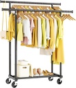 Double Rods Clothes Rack, Rolling Clothing Rack for Hanging Clothes Portable Wardrobe Rack, Metal Garment Rack Sturdy Coat Rack for Bedroom Laundry Living Room, Black