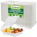Freshware Compostable Clamshell Food Containers [9x9"] 3-Compartment, 200-Pack, Disposable Containers, Biodegradable Sugarcane To Go Boxes - Paper Food Containers - Microwave & Freezer Safe, Stackable